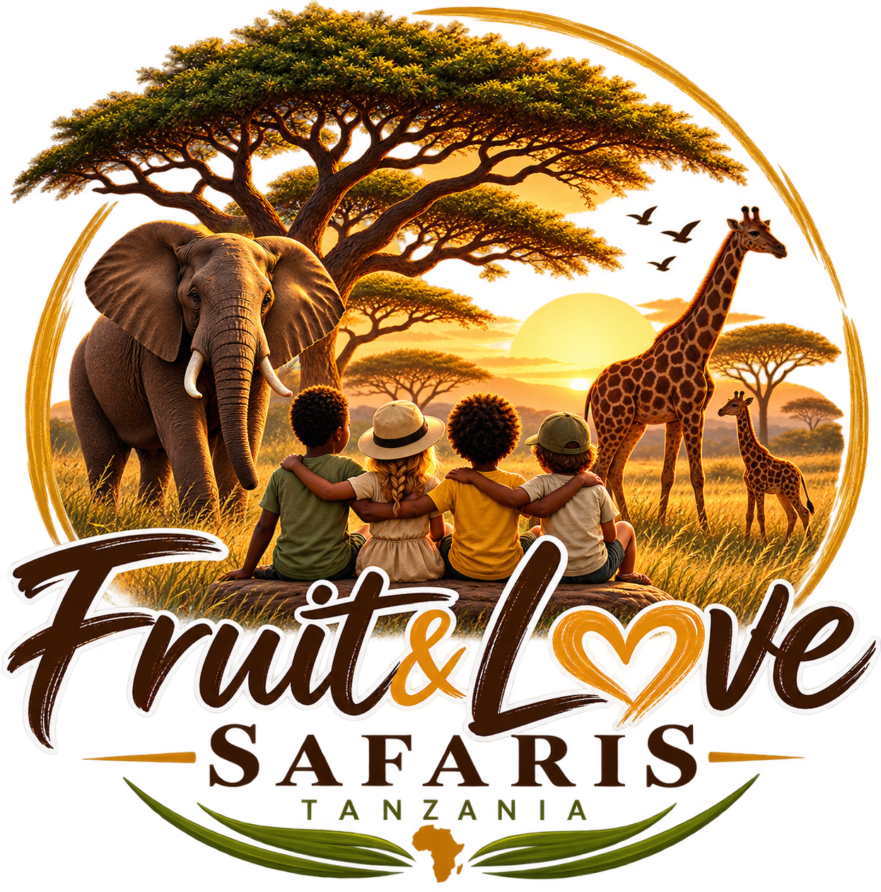 Fruits & Love Safaris Tanzania emblem: children watching an elephant and giraffes at sunset